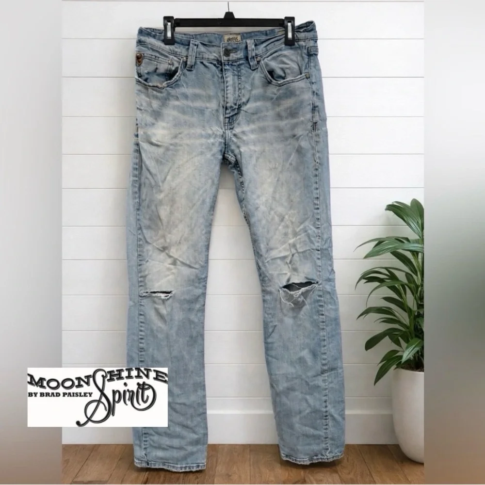 💙👉🔥Men’s Moonshine 120 Proof Slim Straight Jeans 34x36 Distressed Light Wash